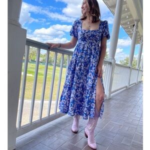 ASTR the label square neck Tiered midi dress in Blue Floral Sz XS